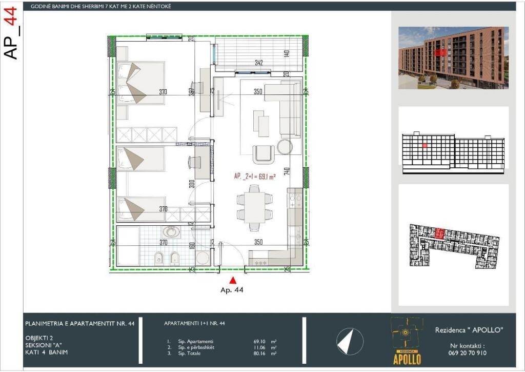 Shitet apartament 2+1 me ballkon Paskuqan, Residenca Apollo