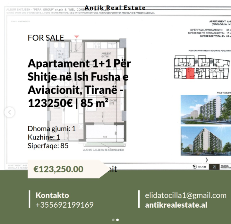Apartment 1+1 For Sale in Ish Fusha e Aviacionit, Tirana!