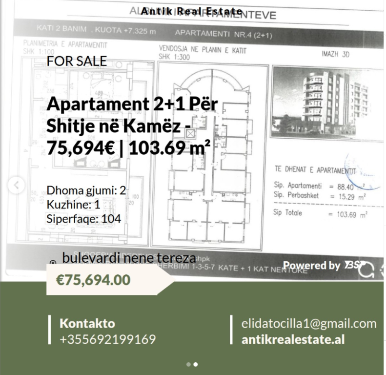Apartament 2+1 Për Shitje në Kamëz !