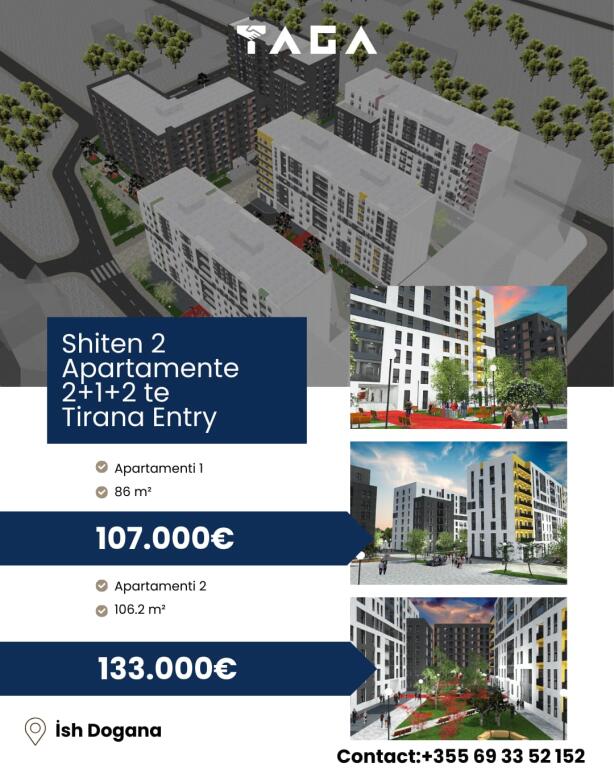 For sale 2 Apartments 2+1+2 at Tirana Entry 2, Former Customs.  