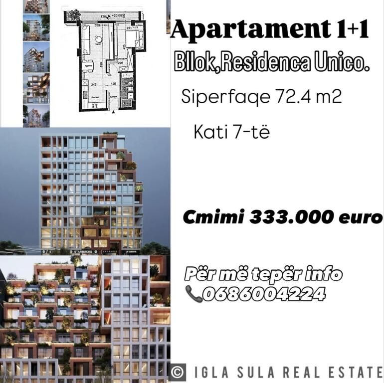 Shitet apartament 1+1 ne zemer te Bllokut ,Residenca Unico.