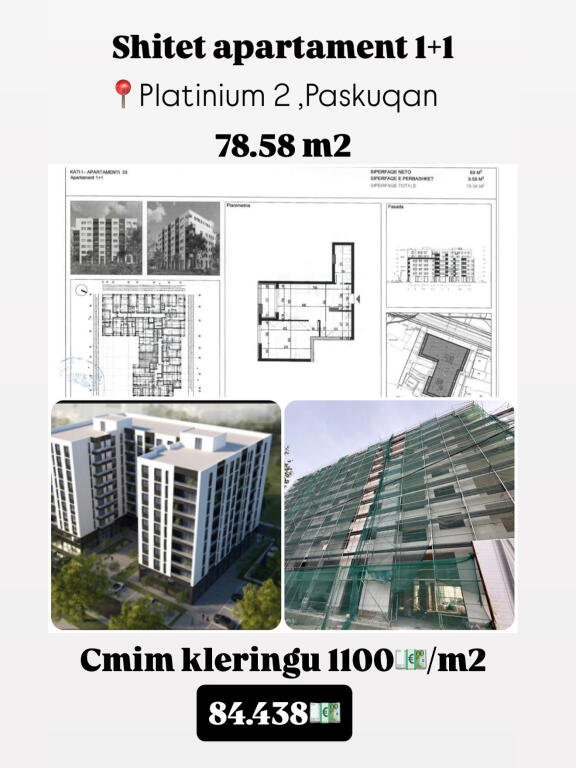 Shitet apartament 1+1 Platinium 2,Paskuqan.
