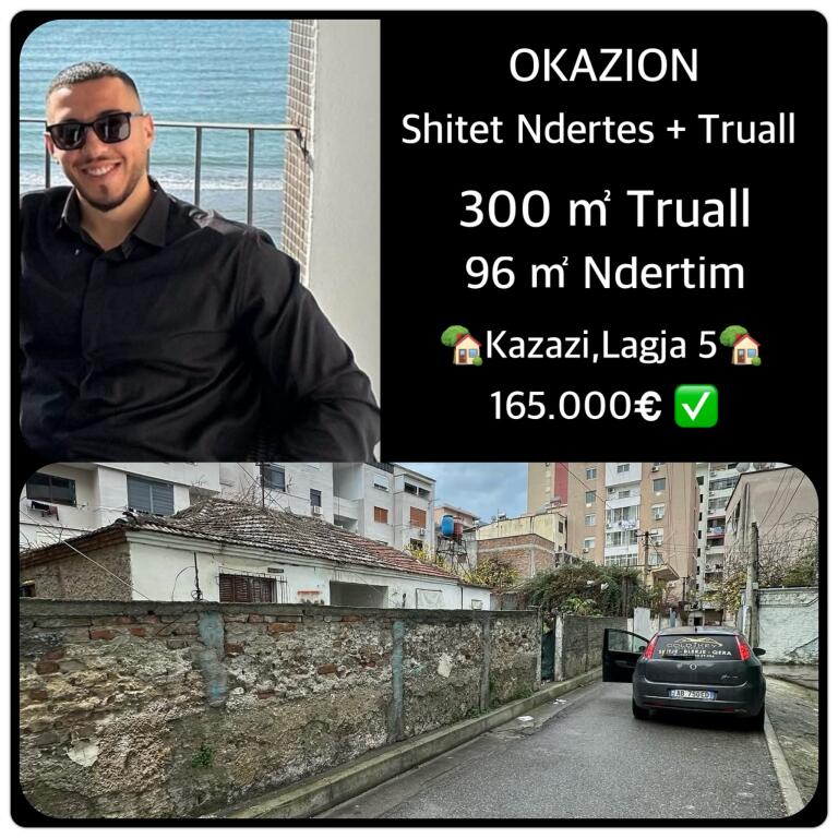 OKAZION🔥 Shitet Truall + Njoll Ndertimi  📍KAZAZI LAGJA 5  • 165.000€ ✅  • 300 ㎡ Toke Truall, 96 ㎡ njoll ndertimi  Shitet truall me njoll ndërtimi me sipërfaqe totale prej 300 m², nga të cilat 96 m² janë ndërtim ekzistues. Prona ndodhet në një super lokacion, shumë pranë qendrës, duke e bërë ideale për ndërtimin e një vile moderne ose projekti familjar. Zona është e qetë, me infrastrukturë të rregullt dhe akses të menjëhershëm në të gjitha shërbimet kryesore. Çmimi është 165,000€, dhe prona disponon dokumentacion të plotë e të rregullt hipotekor. Një mundësi e shkëlqyer investimi në një nga zonat më të kërkuara të qytetit. ------------- PER ME SHUME INFORMACION👇 Endri Cani  Whatsapp/viber •INSTAGRAM: @endricani_goldkey_realestate •Facebook: Endri Gold Key RealEstate ■Adresa :  Zyra: Rruga Aleksander Goga Ngjitur me EHW Durres  Zyra : Rruga Egnatia Qender Durres Zyra : Lagja 13, Plazh Durres