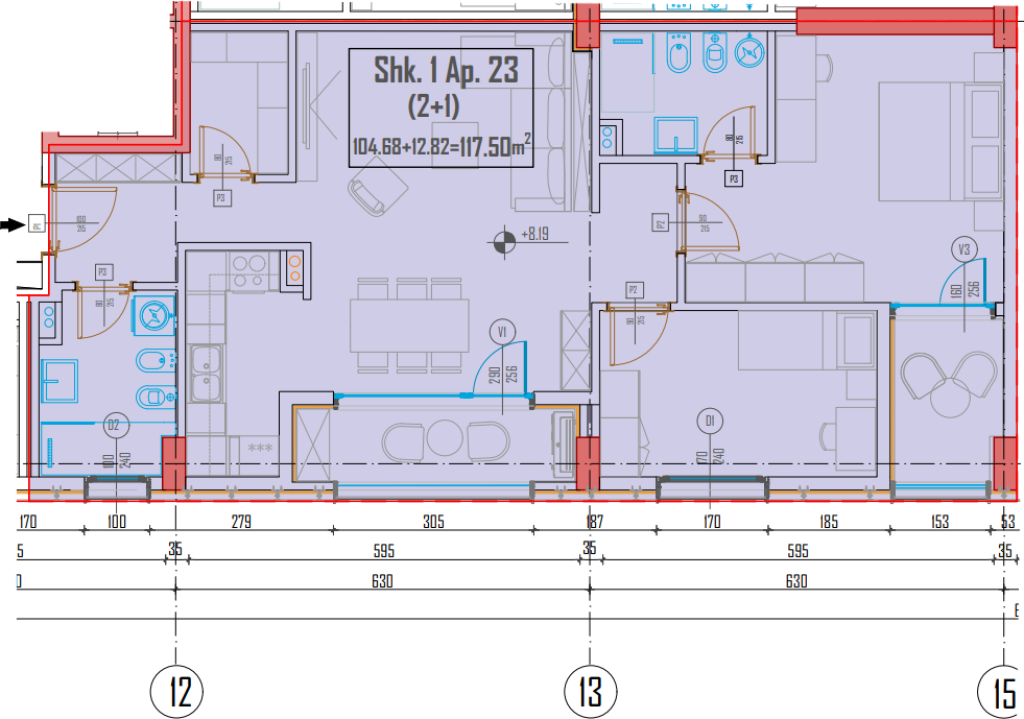 Apartment 2+1+2 for sale near Akses Tirana, former Customs