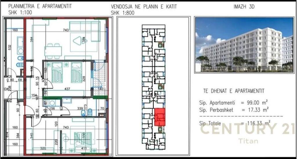 Apartament 2+1 per shitje ne Kamez 99,000 € Sip. Totale  116m2