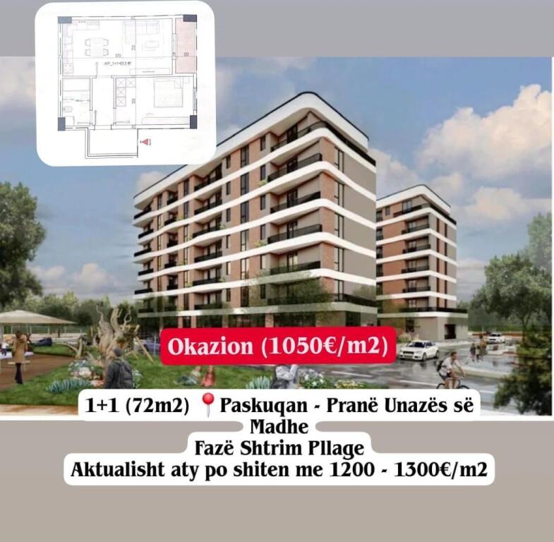 🔥OKAZION (1050€/m2): Shitet 1+1  &amp; Ballkon | (72m2) || 📍Paskuqan - Prane Unazes Madhe || 75,600€
