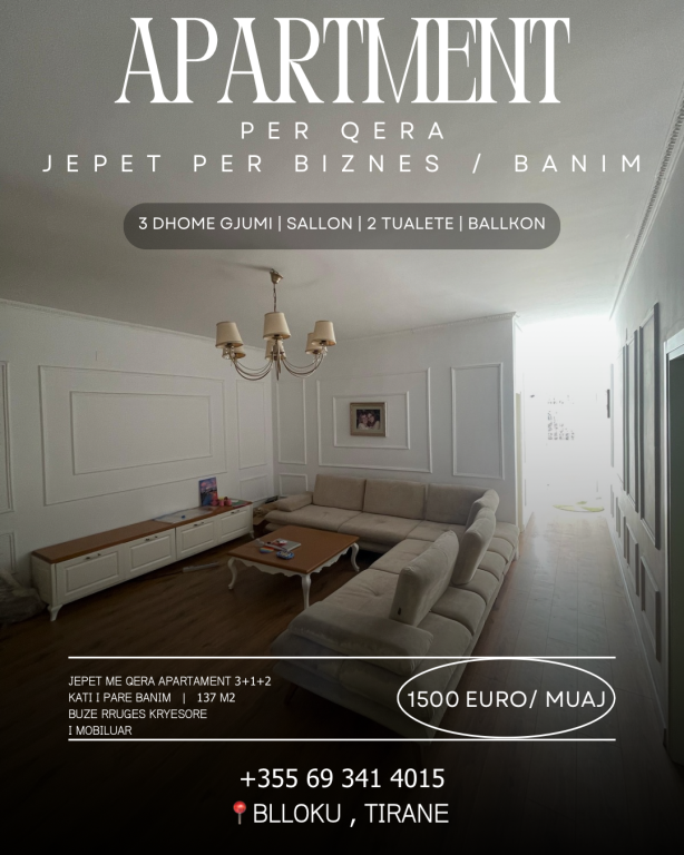 Jepet me qera apartament 3+1+2 ne Bllok
