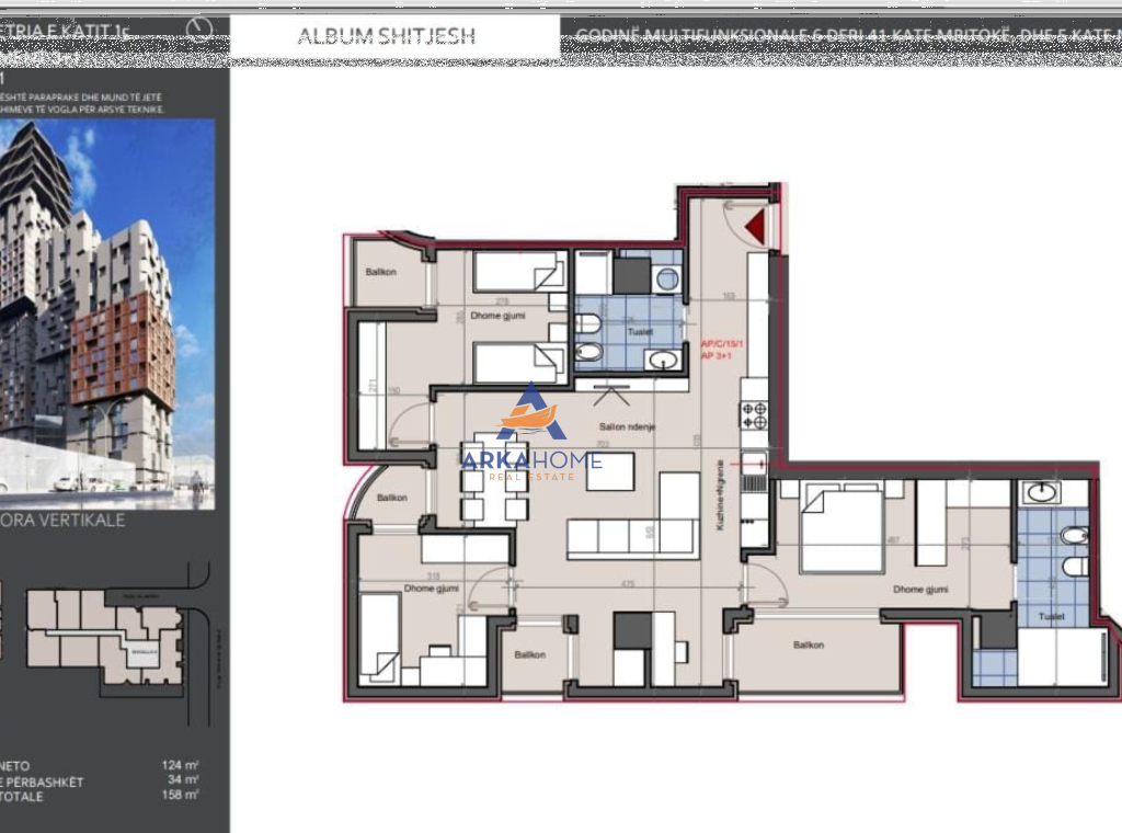 SHITET APARTAMENT 3+1+BALLKONE "HORA VERTIKALE, ZOGU I ZI" 395.000 EURO