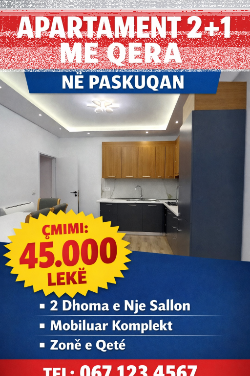 Apartament 2+1 me qera ne Pakuqan, 450 Euro