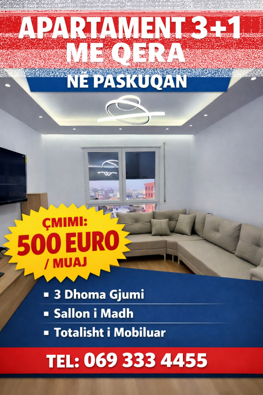 Apartament 3+1+2 me qera ne Paskuqan, 500 Euro