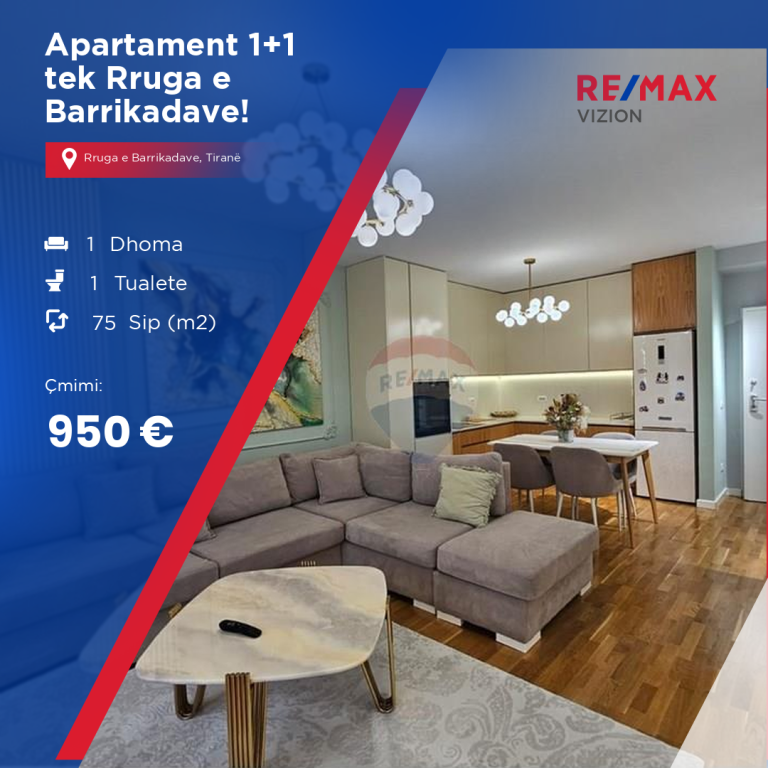 Apartament 1+1 per qira tek Rruga e Barrikadave!
