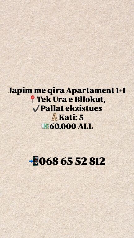 APARTAMENT 1+1 ME QIRA - URA E BLLIKUT
