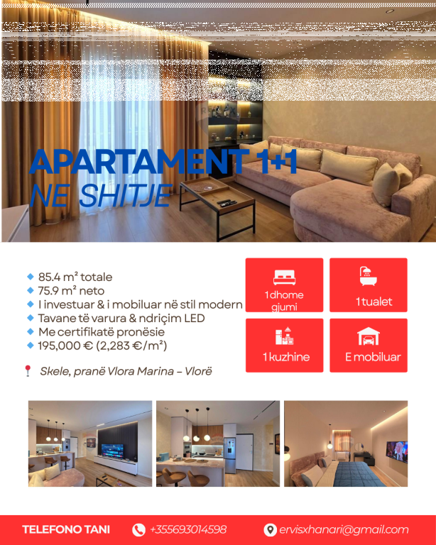 Apartament 1+1prane portit,Vlore