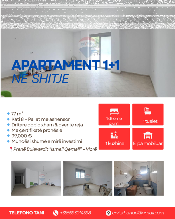 Apartament 1+1 ne shitje,ne Bulevard,Ismail Qemali,Vlore