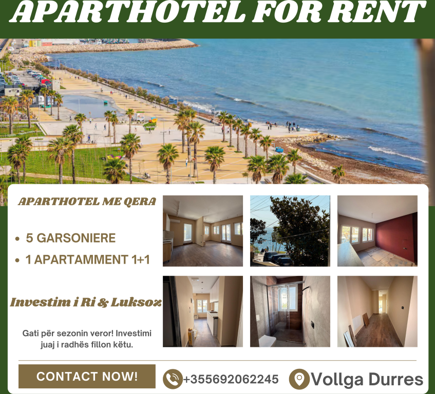 🔥APARTHOTEL PËR QIRA- MUNDËSI INVESTIMI NË VOLLGA – DURRËS! 🌊