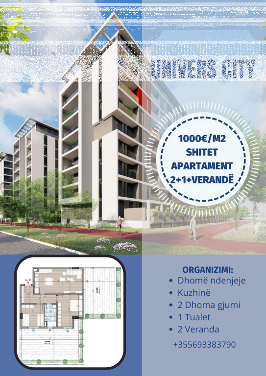 Shitet Apartament 2+1+ Verande Univers City