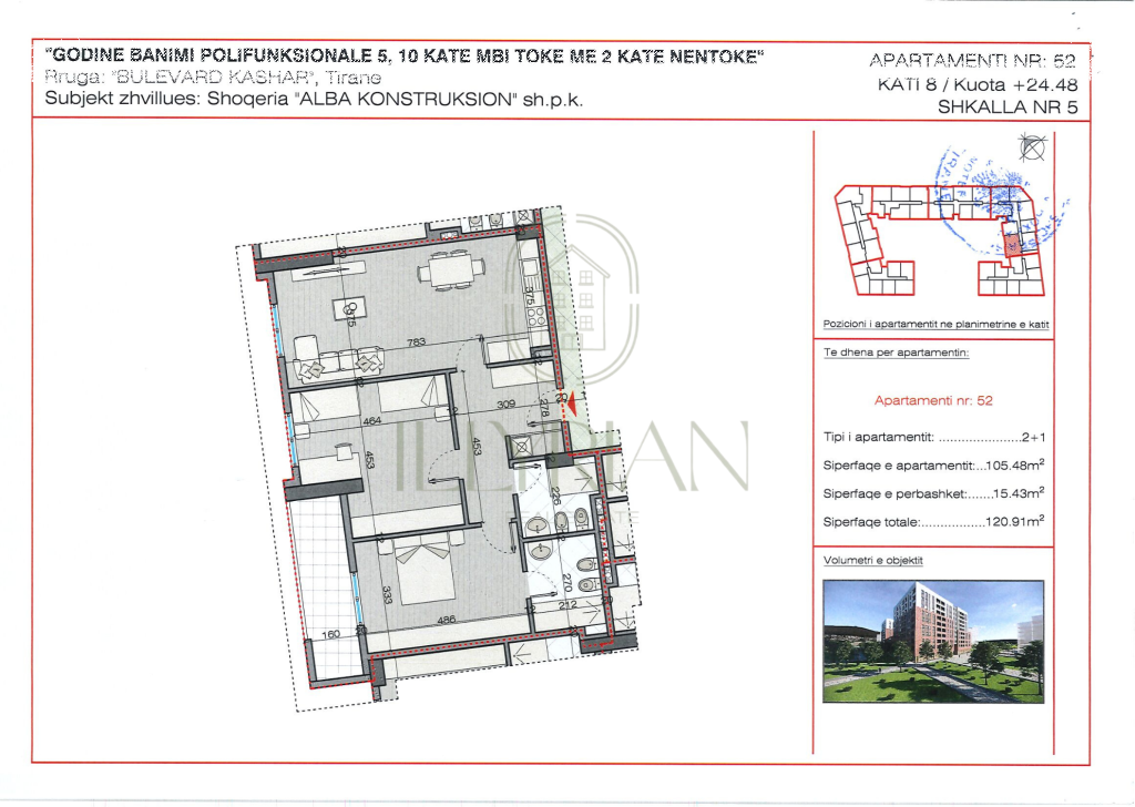 Apartament 2+1 në shitje – Bulevard Kashar, Tiranë (105.48 m²)