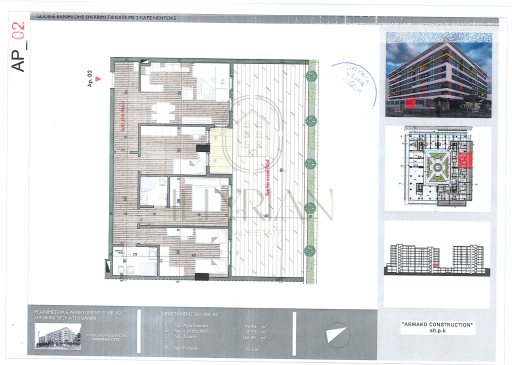 Apartament 3+1 me verandë + garazh për shitje te Univers City – hapësirë premium