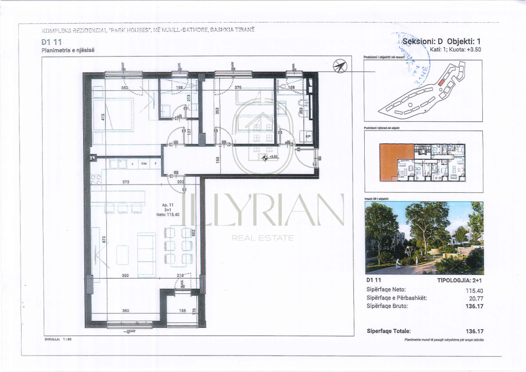 Apartament 2+1 për shitje te Park Houses, Mjull-Bathore – 136.17 m², kompleks rezidencial modern