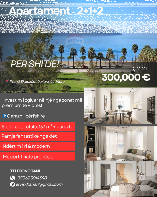 Apartament 2+1+2 në shitje, Vlorë,prane shkolles se Marines