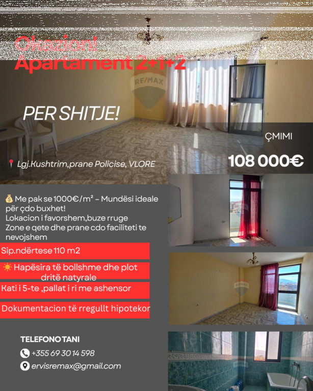 OKAZION!Apartament 2+1+2 ne Shitje,prane policise,Vlore