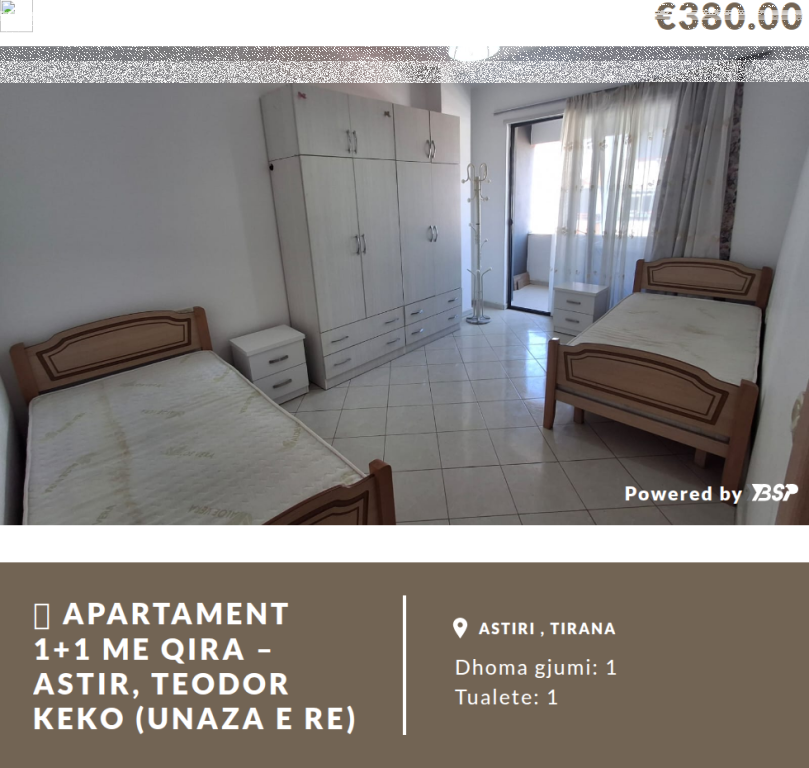 🏡 APARTAMENT 1+1 ME QIRA – ASTIR, TEODOR KEKO