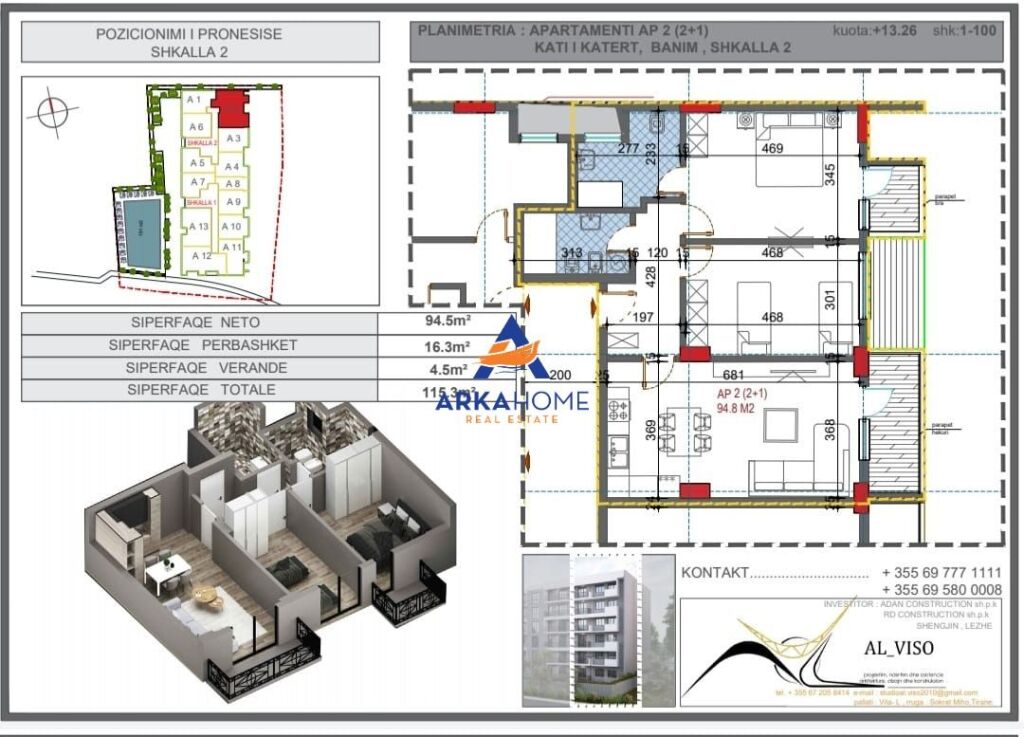 VENDESI APPARTAMENTO 2+1 " SHËNGJIN " 132250 EURO