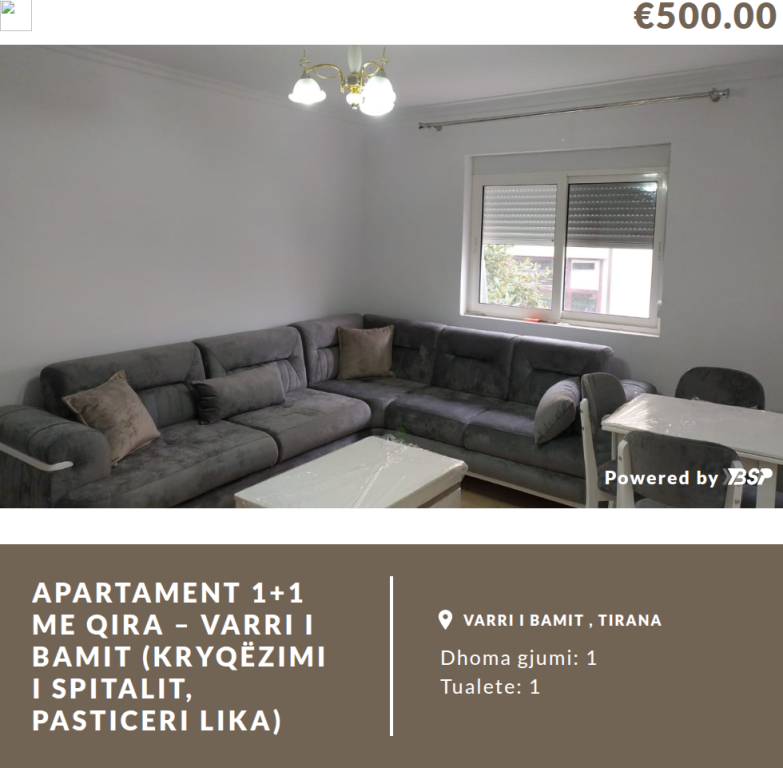 APARTAMENT 1+1 ME QIRA – VARRI I BAMIT (KRYQËZIMI I SPITALIT, PASTICERI LIKA)
