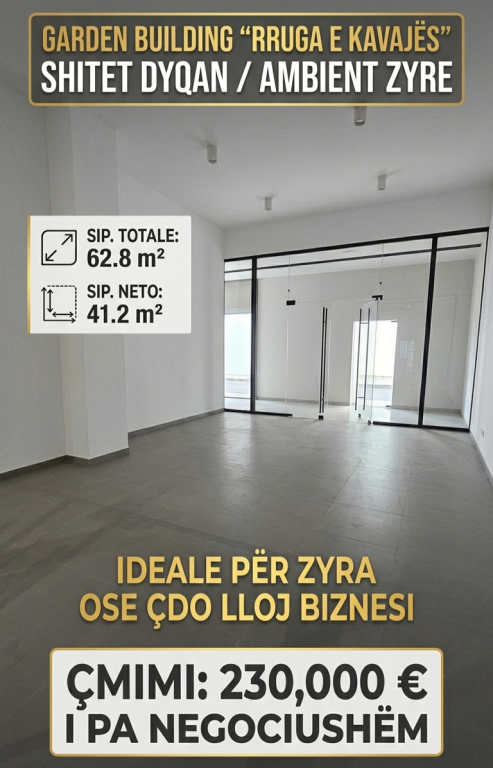 Rruga KAVAJES SHITET DYQAN – GARDEN BUILDING Mundësi fantastike investimi në një nga zonat më elitare të Tiranës, në Rrugën e Kavajës! Ideale për zyra
