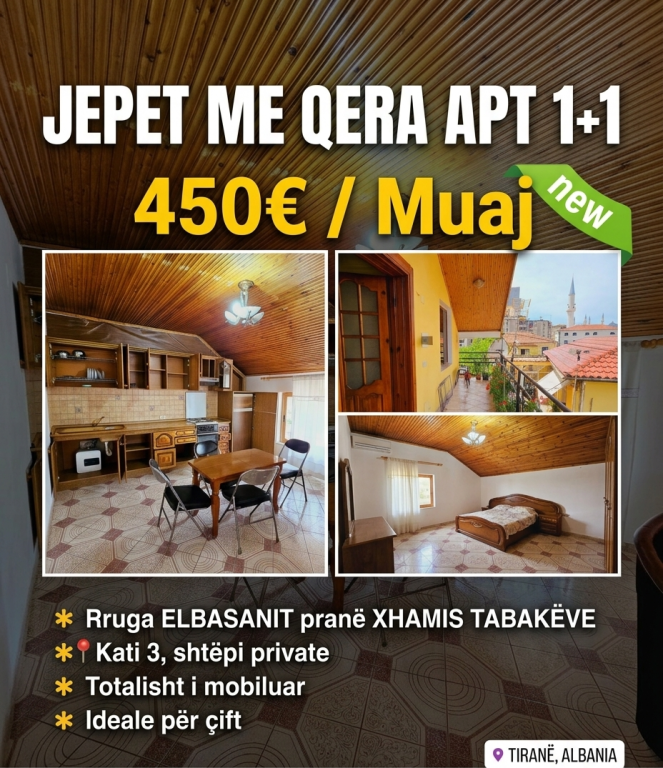 Rruga ELBASANIT pranë XHAMIS TABAKËVE  Jepet me Qera Apt: 1+1  (📍kati 3 shtepi private )  - E mobiluar