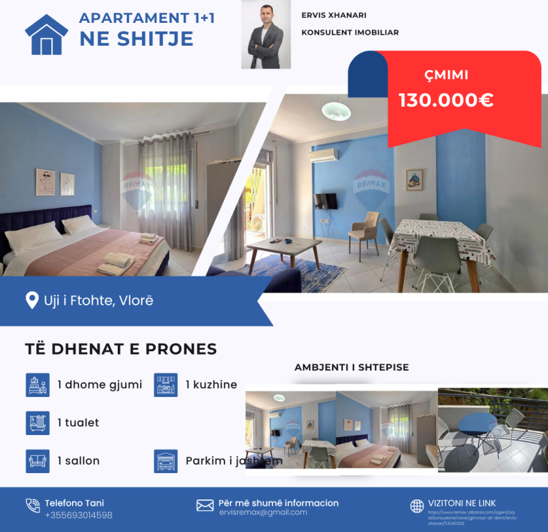 Super Opportunity Apartment 1+1 for sale in Uji i Ftohtë, near Tiku &amp; Mato, Vlorë