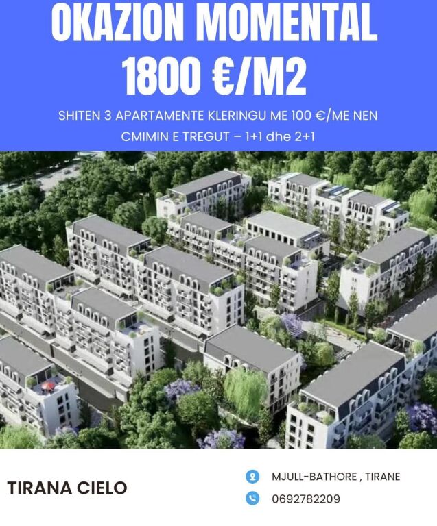 OCCASION! APARTMENTS FOR SALE IN THE TIRANA CIELO COMPLEX 1800 €/M2 - MJULL-BATHORE, TIRANA