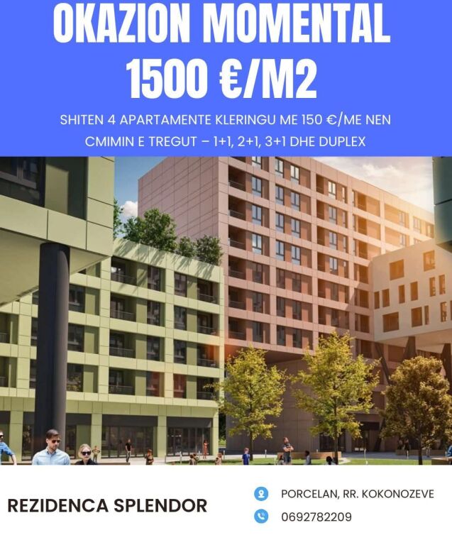 Occasione! APPARTAMENTI IN VENDITA NEL COMPLESSO SPLENDOR 1500 €/M2 - PORCELLANA, TIRANA