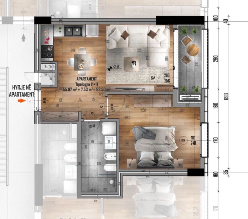 Tirane, affittasi appartamento 1+1+Balcone Piano 6, 60 m², 45.000 Lek (Accesso Tirana)