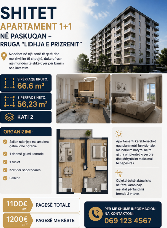 🏡 SHITET APARTAMENT 1+1 NË PASKUQAN – RRUGA “LIDHJA E PRIZRENIT”