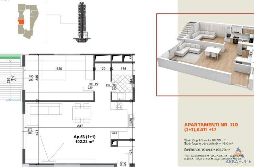 SHITET APARTAMENT 1+1+BALLKON "THE FORTY FOUR TOWERS, ZOGU I ZI" 238.500 EURO