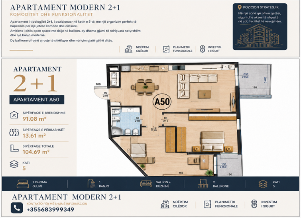 🏡 Apartament 2+1 në shitje | 104 m² | Residenca Sanel | Paskuqan