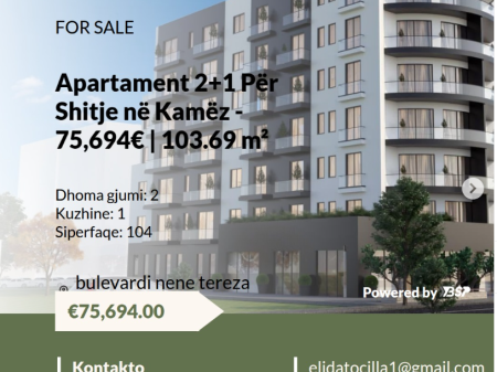 Apartament 2+1 Për Shitje në Kamëz !