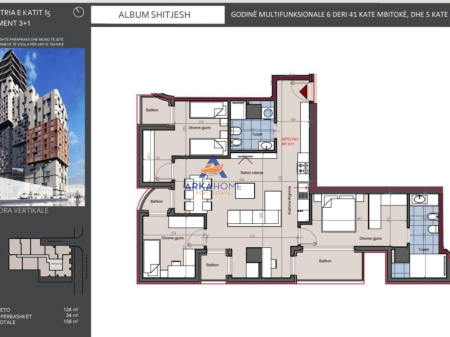 SHITET APARTAMENT 3+1+BALLKONE "HORA VERTIKALE, ZOGU I ZI" 395.000 EURO