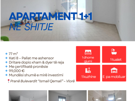Apartament 1+1 ne shitje,ne Bulevard,Ismail Qemali,Vlore