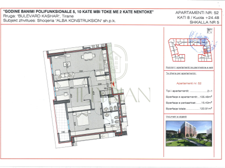 Apartament 2+1 në shitje – Bulevard Kashar, Tiranë (105.48 m²)