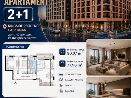 Shitet apartament 2+1 RingSide Residence ,Paskuqan